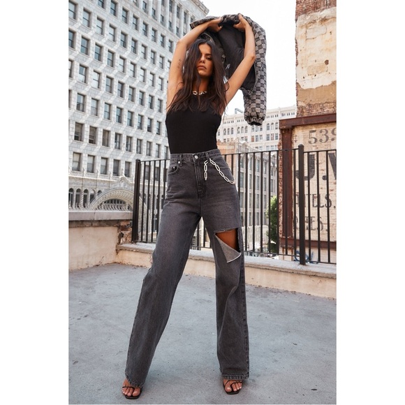 12th Tribe Brooklyn Washed Black Slash High Rise Straight Leg Boyfriend Jeans - Picture 12 of 16